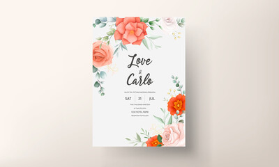 Elegant wedding invitation card decorated with beautiful orange flowers