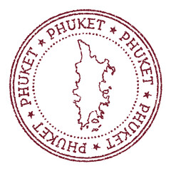 Phuket round rubber stamp with island map. Vintage red passport stamp with circular text and stars, vector illustration. - obrazy, fototapety, plakaty
