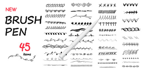 Set of hand drawn line borders, sketch strokes, scribbles and design elements isolated on white. Ink pen drawing lines, underline brush and pencil strokes brushes. Vector illustration