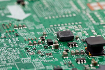 Electronic board with radio parts and chip processor from electronic device. Top view. Selective focus.