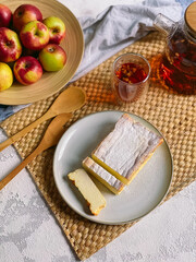 Homemade cottage cheese casserole sprinkled with powdered sugar.