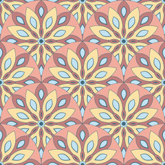 Fototapeta premium Abstract mandala fish scale seamless pattern. Ornamental tile, mosaic background. Floral patchwork infinity card. Arabic, Indian, ottoman motifs.
