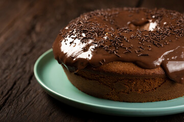 Homemade chocolate cake with chocolate sauce topping.