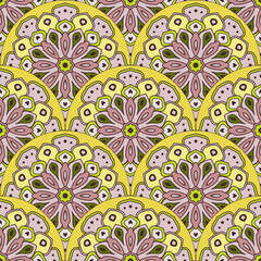 Abstract mandala fish scale seamless pattern. Ornamental tile, mosaic background. Floral patchwork infinity card. Arabic, Indian, ottoman motifs.