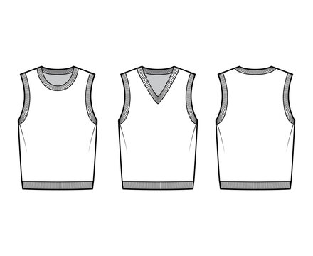 Set of pullover vest sweater waistcoat technical fashion illustration with sleeveless, rib knit V-neckline, oversized. Flat template front, back, white color style. Women, men, unisex top CAD mockup