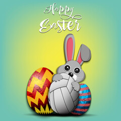 Happy Easter. Rabbit with easter eggs decorated in the form of a volleyball ball on an isolated background. Pattern for greeting card, banner, poster, invitation. Vector illustration