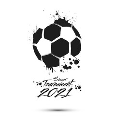 Soccer tournament 2021. Football logo template design. Abstract soccer ball with blots. Grunge style. Vector illustration