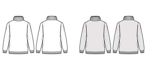 Sweater Exaggerated Turtleneck technical fashion illustration with long sleeves, oversized, hip length, knit rib trim. Flat apparel front, back, white grey color style. Women, men unisex CAD mockup