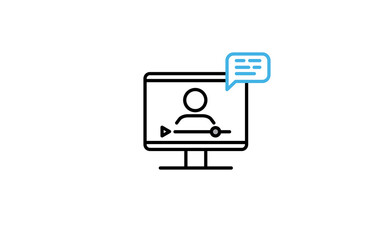 Video conference icon. People on computer screen. Home office. Digital communication. Internet teaching media.