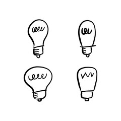 Light bulb doodle collection. Hand drawn simple electric lamps, symbols of ideas, solutions, innovation and creativity.