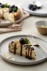 Cheesecake slice with chocolate sauce and blueberry, homemade baking