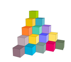 3d shapes, pyramid of stacked cubes, colorful building block toys, perspective view vector isolated on white background
