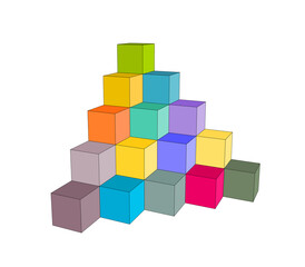 Obraz premium 3d shapes pyramid of stacked cubes, colorful building block toys, perspective view illustration isolated on white background