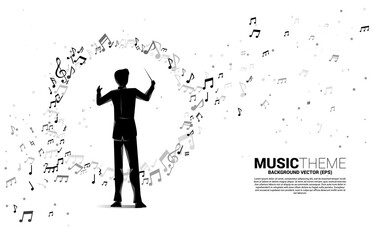 Vector silhouette of conductor with music melody note dancing flow . Concept background for classic music concert and recreation. © Panithan