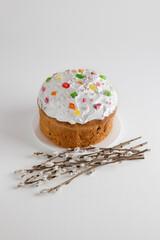 Easter cake. Traditional kulich or sweet bread with raisins decorated willows branches.on a white background