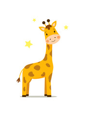 Little cute giraffe on an isolated white background with stars. Kawaii African animal illustration for prints and postcards. Cartoon-style vector character with textured brown spots © Plameniya