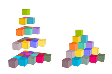 construction steps of a pyramid or tower of stacked cubes, colored building block toys, 3d illustration isolated on white background. perspective view