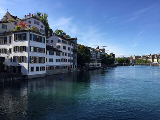 Obraz premium Buildings of the historical district Schipfe, on the banks of the Limmat River, in the city of Zurich. The Schipfe is one of the oldest parts of the city of Zurich, the largest city in Switzerland