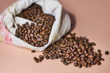 Pine nuts in a rag bag, beige background