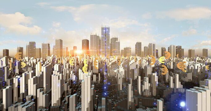 Euro Currency Symbols Flying Over The Futuristic Smart City Aerial. Technology And Economy Related 4K CG Animations.