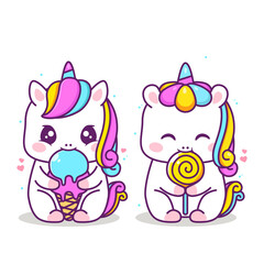 cute happy unicorn eating lolipop and ice cream