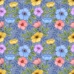 Fotobehang Colorful hand draw flowers seamless pattern for fabric textile wallpaper. © teerawat