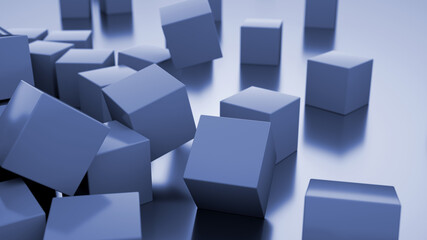 Abstract 3d rendering of chaotic cubes. A poster with random cubes in an empty space. Business concept. Futuristic background. Many flying cubes on a white background.  3d render illustration.