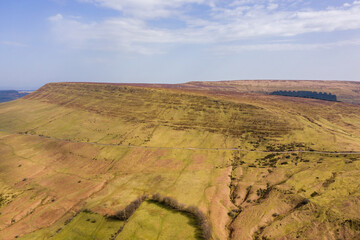 Aerial view of rural Welsh countryside and farms (Hay Bluff, Wales/England)