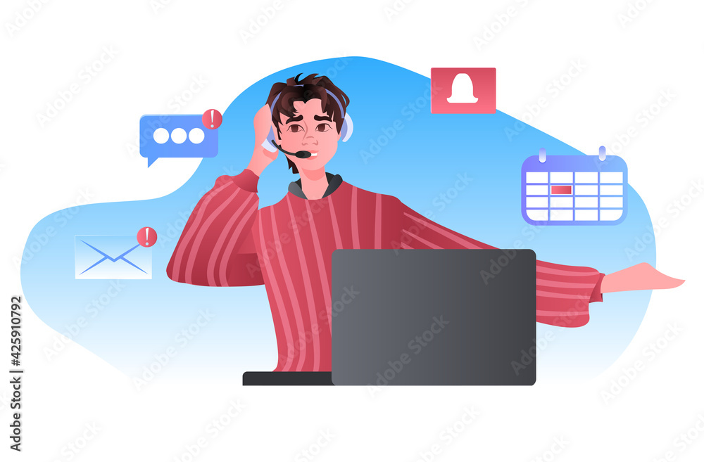 Poster man call center operator in headset discussing with clients online support customer service concept