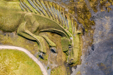 Aerial view of a huge public earthwork of a pit pony on the site of an old coal mine