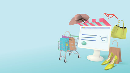 Online trading. Shopping banner with realistic elements for advertising purchases through a computer at home on a blue background.