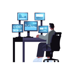 man trader stock market broker analyzing charts graphs and rates on computer monitors at workplace