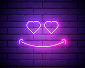 Neon illustration of emoji in love. Vector icon of cartoon enamored emoji with heart eyes and smile in outline neon style . Glowing emoticon with backlight