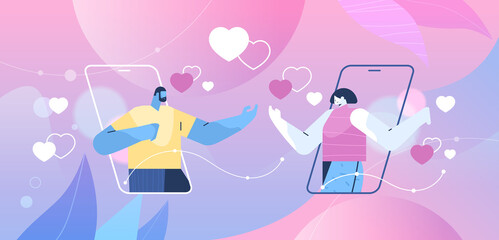 couple discussing during online dating in mobile app social media virtual relationship communication