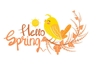 Cute bird and leaf. "hello spring" card illustration