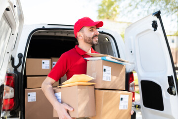 Handsome worker in his 30s unloading a delivery van