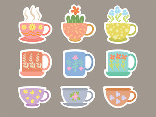 set of cute hand-drawn teacup or mugs with cute flower ornament. sticker style and illustration.