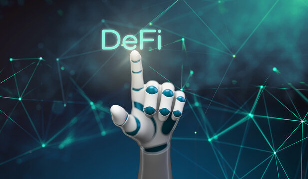 robot hand seleting the text DeFi in front of an abstract background