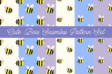 Cute Chubby Bees Seamless Pattern Set