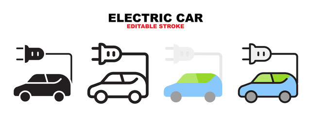 Electric car icon set with different styles. Editable stroke and pixel perfect. Can be used for web, mobile, ui and more.