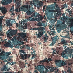 Seamless blue pink cream and navy surface pattern. High quality illustration. Overlaid and multiplied distressed and grungy worn abstract design for print. Detailed artistic repeat tile swatch.