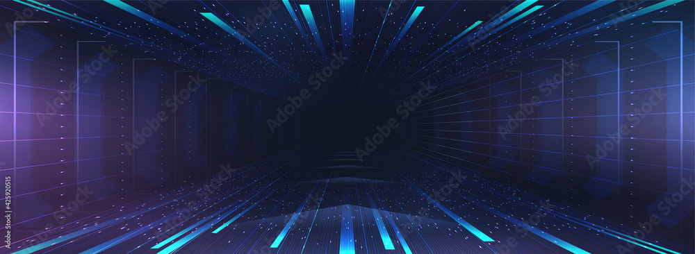 Aufkleber Speed motion background with glow and lights effects. Futuristic design VR cyberspace with lights and glare. Abstract speed background. Vector illustration virtual reality