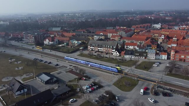 Aerial view of Ystad in sweden - view on road and train