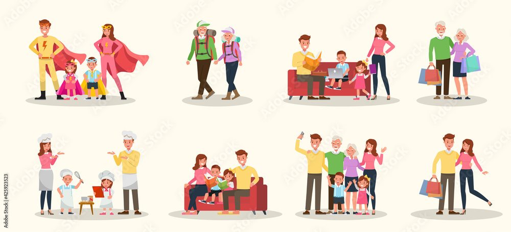 Wall mural Set of Happy family people mother, father, grandparents and children together character vector design. Presentation in various action with emotions, running, standing and walking. no10