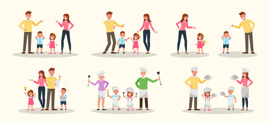 Fototapeta na wymiar Set of Happy family people mother, father, grandparents and children together character vector design. Presentation in various action with emotions, running, standing and walking. no9