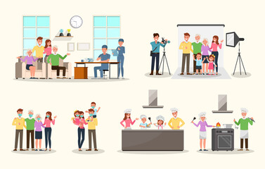 Set of Happy family people mother, father, grandparents and children together character vector design. Presentation in various action with emotions, running, standing and walking. no11
