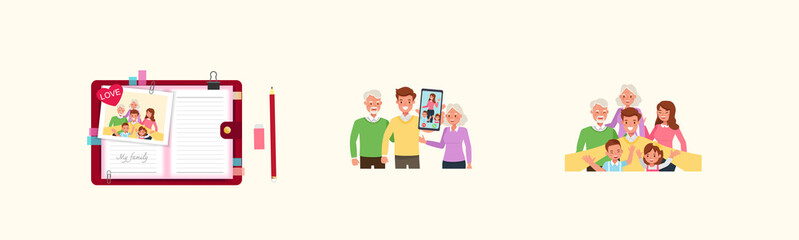 Set of Happy family people mother, father, grandparents and children together character vector design. Presentation in various action with emotions, running, standing and walking. no12