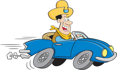 Cartoon illustration of a smiling man in a cowboy hat driving a sports car.