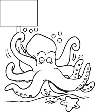 Black and white illustration of a large octopus with a background holding a sign.