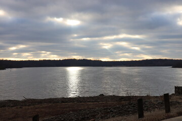 Landscape  of a lake that looks liker it could be a river